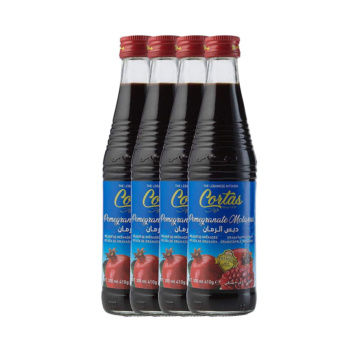 Cortas Pomegranate Molasses bottle closeup shows rich color, perfect for dressings and glazes.