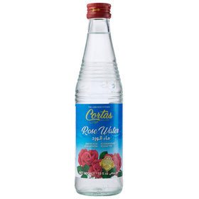 Close-up of Cortas rose water bottle showing premium quality and clarity.
