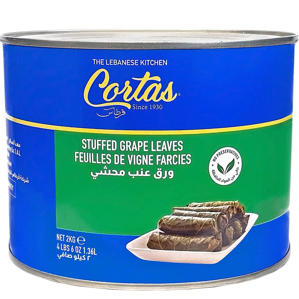 Cortas stuffed grape leaves large can label for pantry and meals.