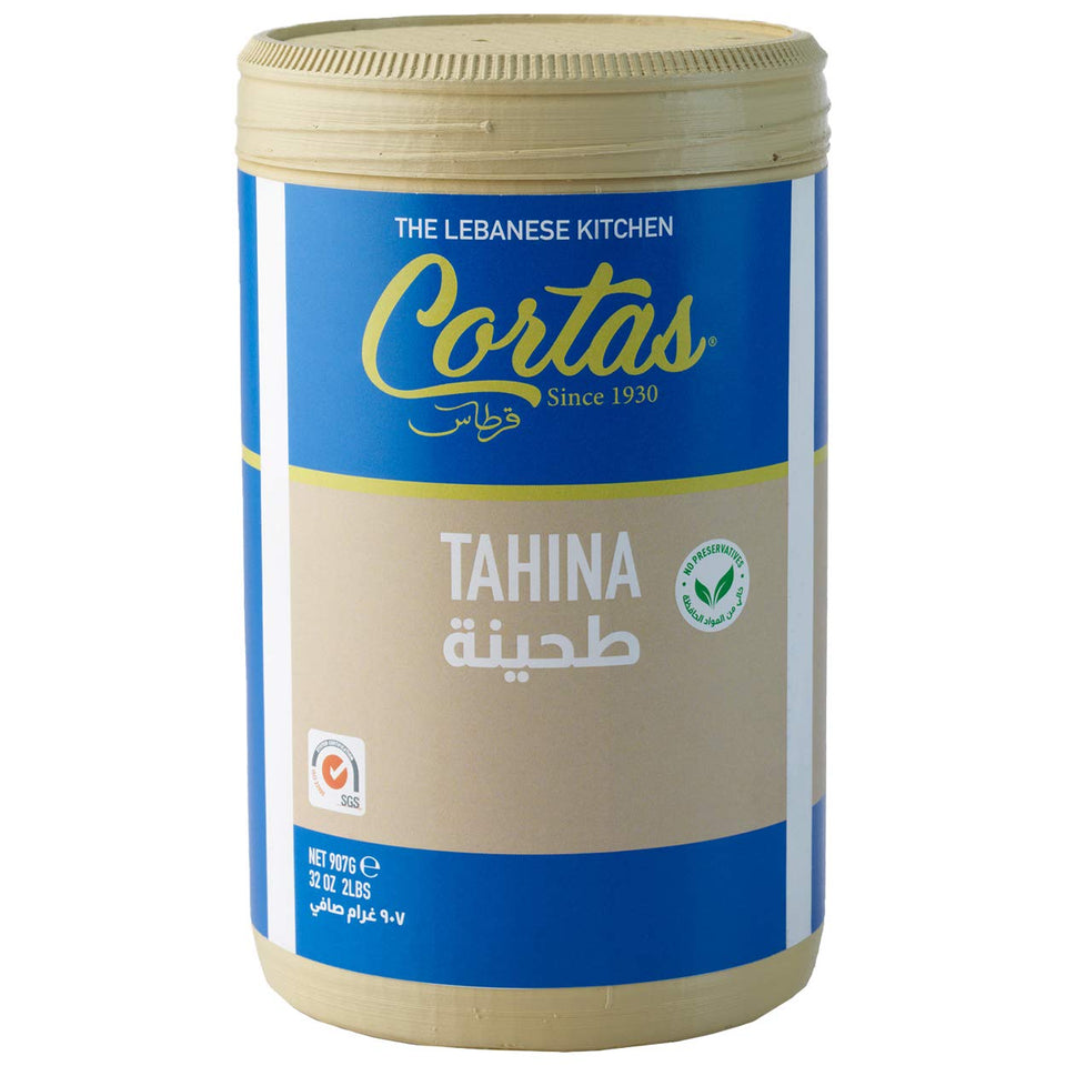 Cortas Tahini jar showing a smooth creamy texture, ideal for hummus and dressings