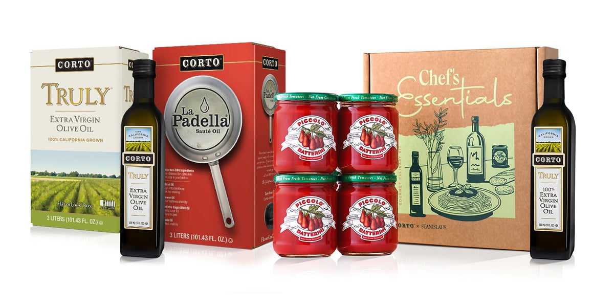 CORTO TRULY olive oil bottle on kitchen counter enhances everyday cooking with vibrant flavor.