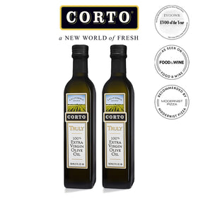 CORTO TRULY certification label close-up confirms COOC extra virgin status.