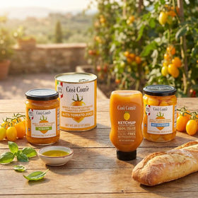 Cosi Come label closeup showing premium Italian tomatoes for authentic flavor