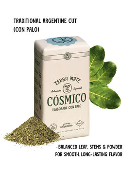 Cósmico Yerba Mate being poured into a cup for a smooth brew.