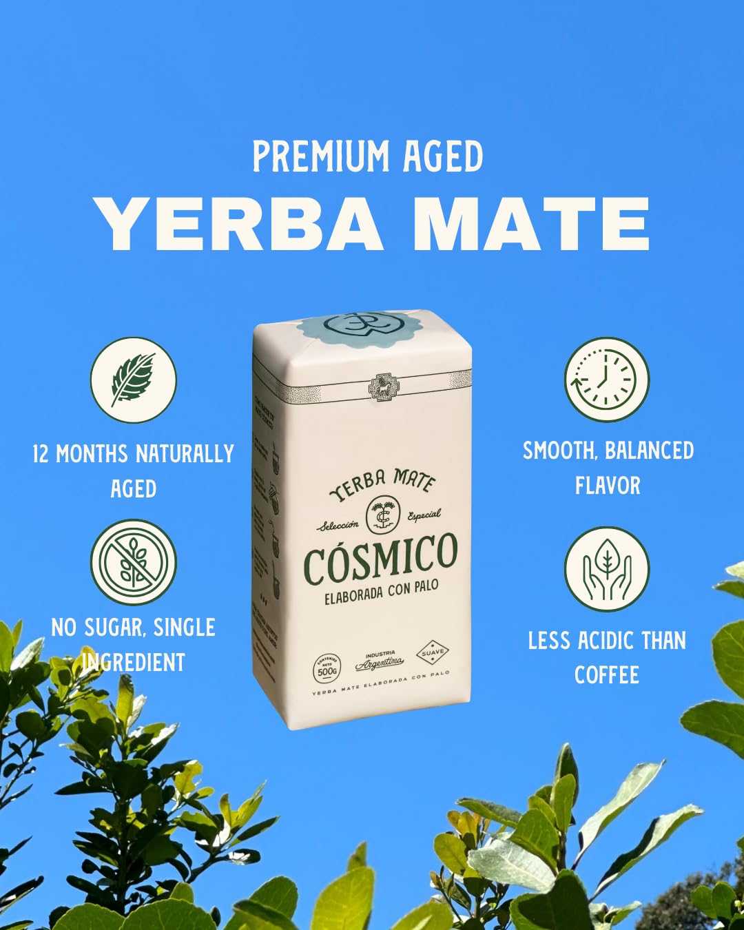 Cósmico Yerba Mate large-leaf low-dust blend for clean-tasting tea.
