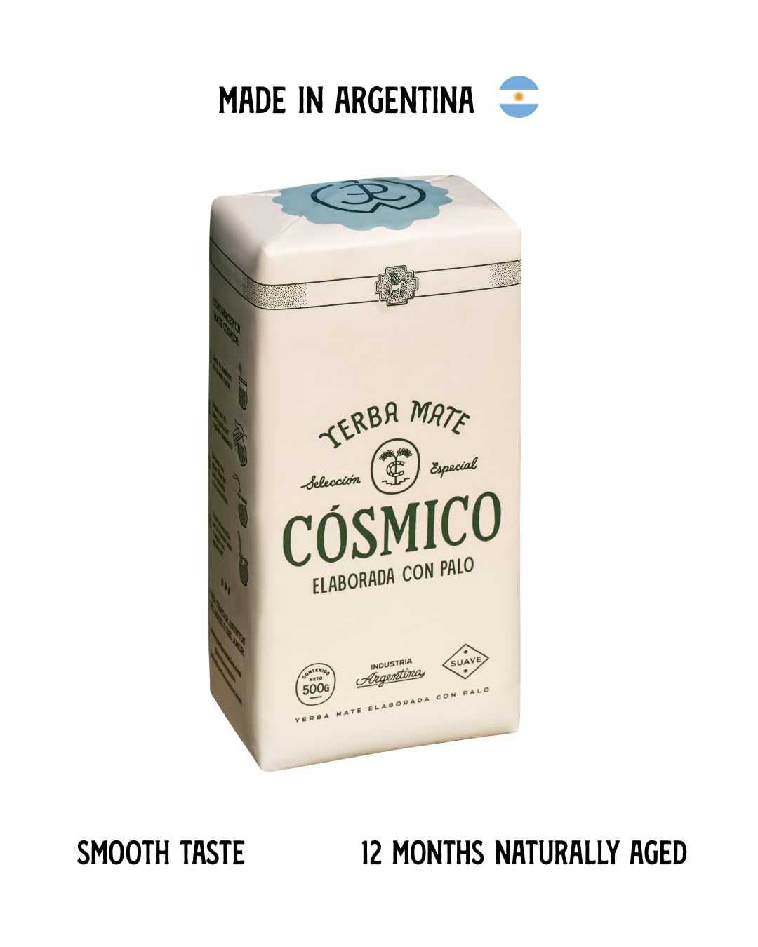 Cósmico Yerba Mate packaging close-up highlighting authentic sourcing and quality.