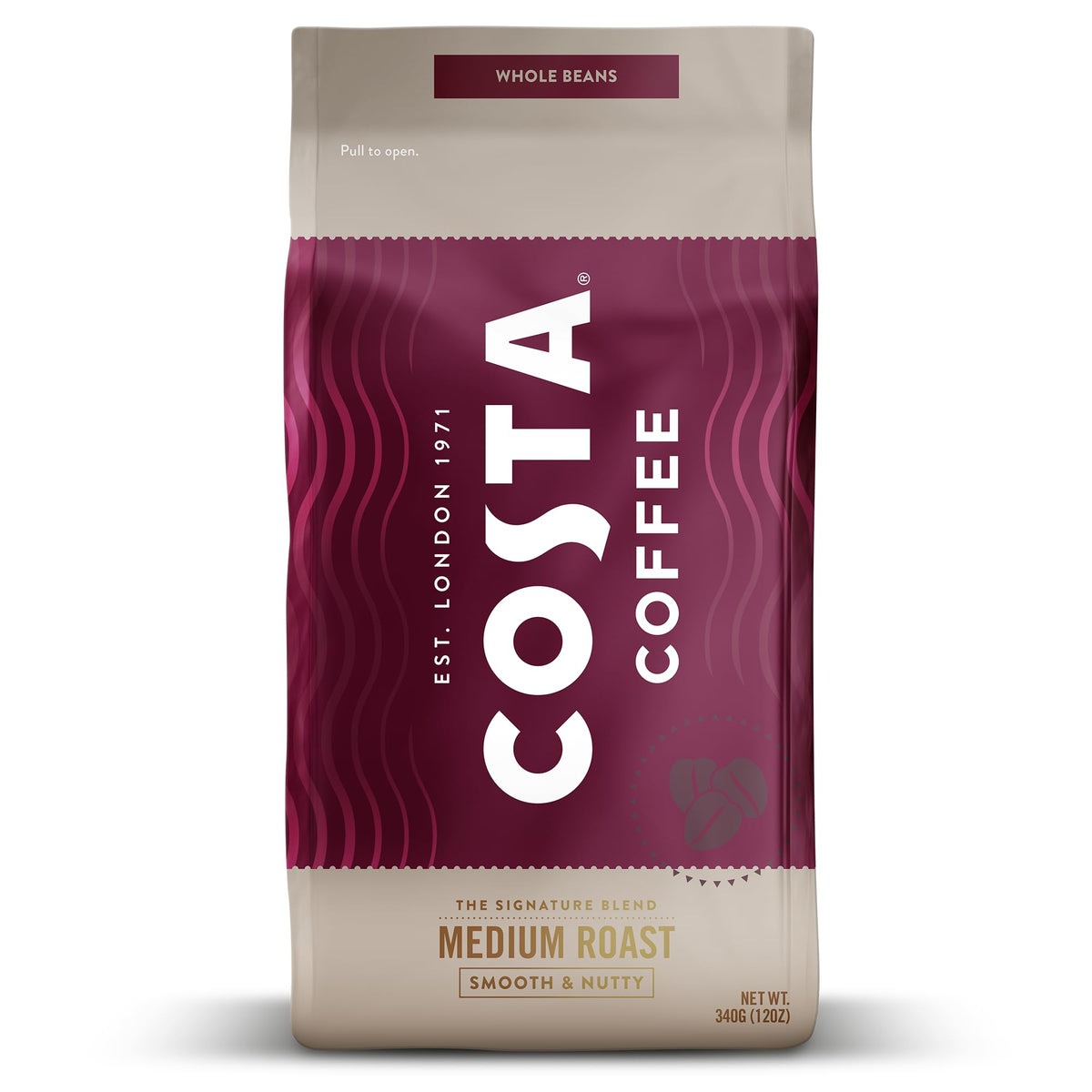 Costa Signature Dark Roast whole bean bag for rich, customizable grind at home.