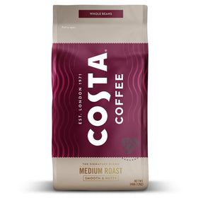 Costa Signature Dark Roast whole bean bag for rich, customizable grind at home.