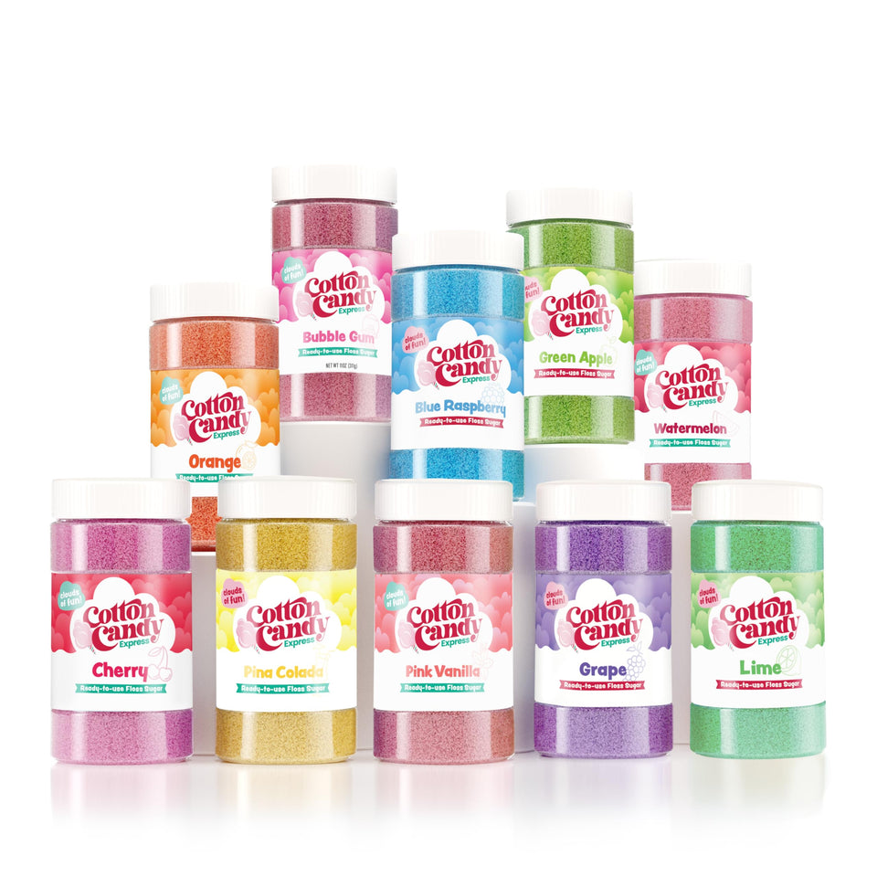 Cotton Candy Express Pina Colada floss sugar jar ready for carnival-style treats at home