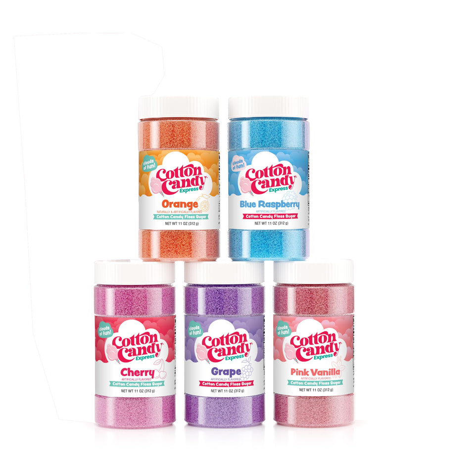 Cotton Candy Express orange floss sugar in a jar for vibrant carnival-style treats.
