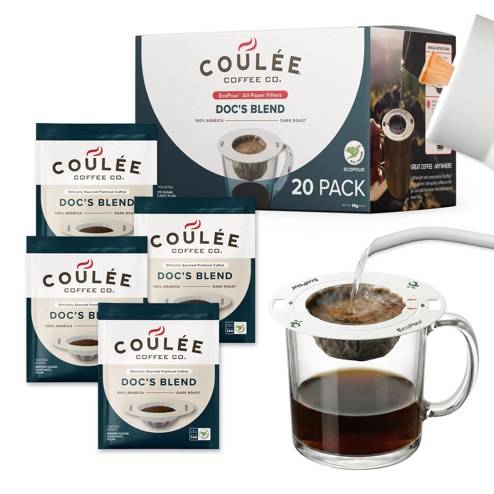 Coulée Doc's Blend EcoPour box front shows compostable filters for travel brewing.