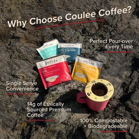 Coulée Doc's Blend filter pack ready for quick, mess-free camping coffee.