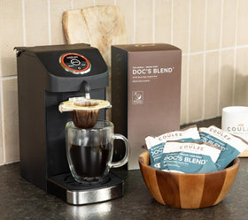 Coulée Doc's Blend on-the-go setup for travel brewing with hot water.