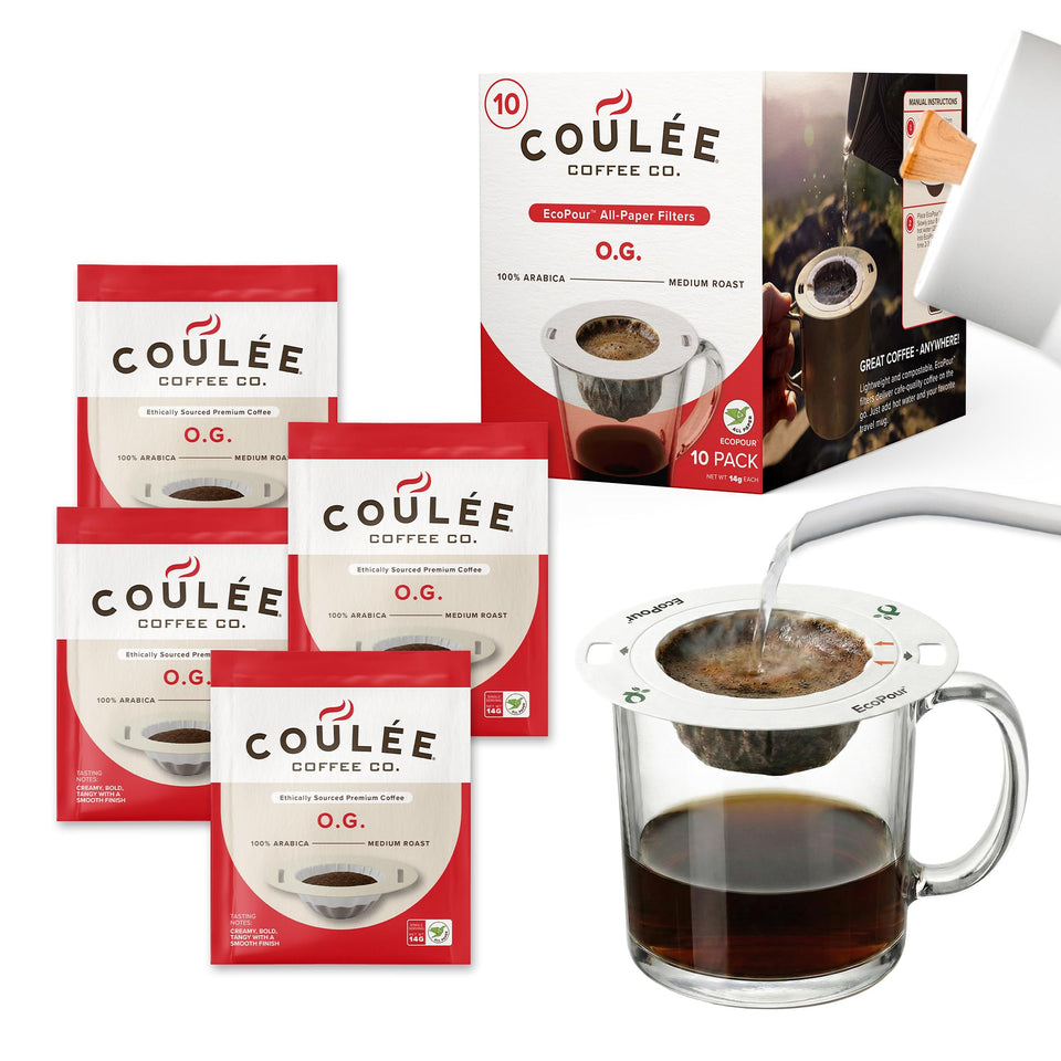 Coulée EcoPour OG coffee packaging, close-up highlighting freshness and convenience.