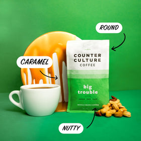 Counter Culture Big Trouble coffee beans close-up showing nutty caramel aroma