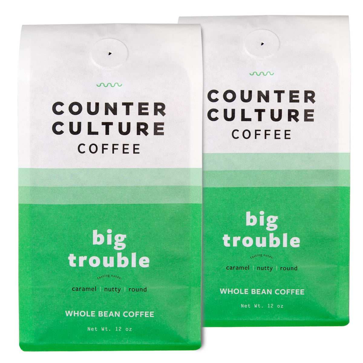 Counter Culture Big Trouble whole bean bag ready for grinding on the counter