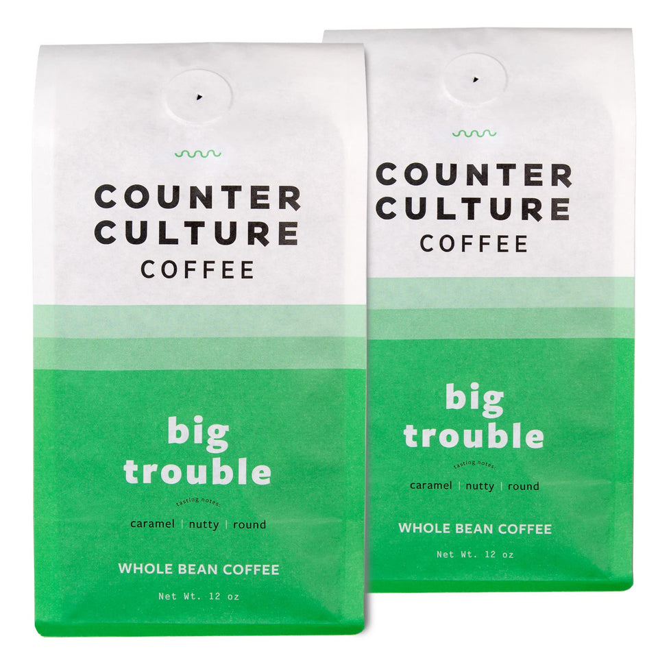 Counter Culture Big Trouble whole bean bag ready for grinding on the counter