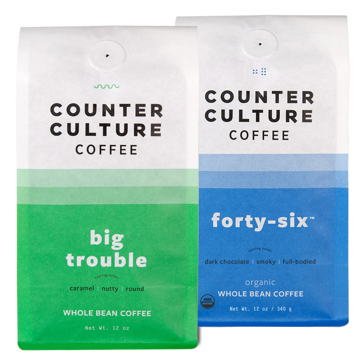 Counter Culture Coffee Big Trouble bag front highlighting caramel and nutty notes for everyday sipping.