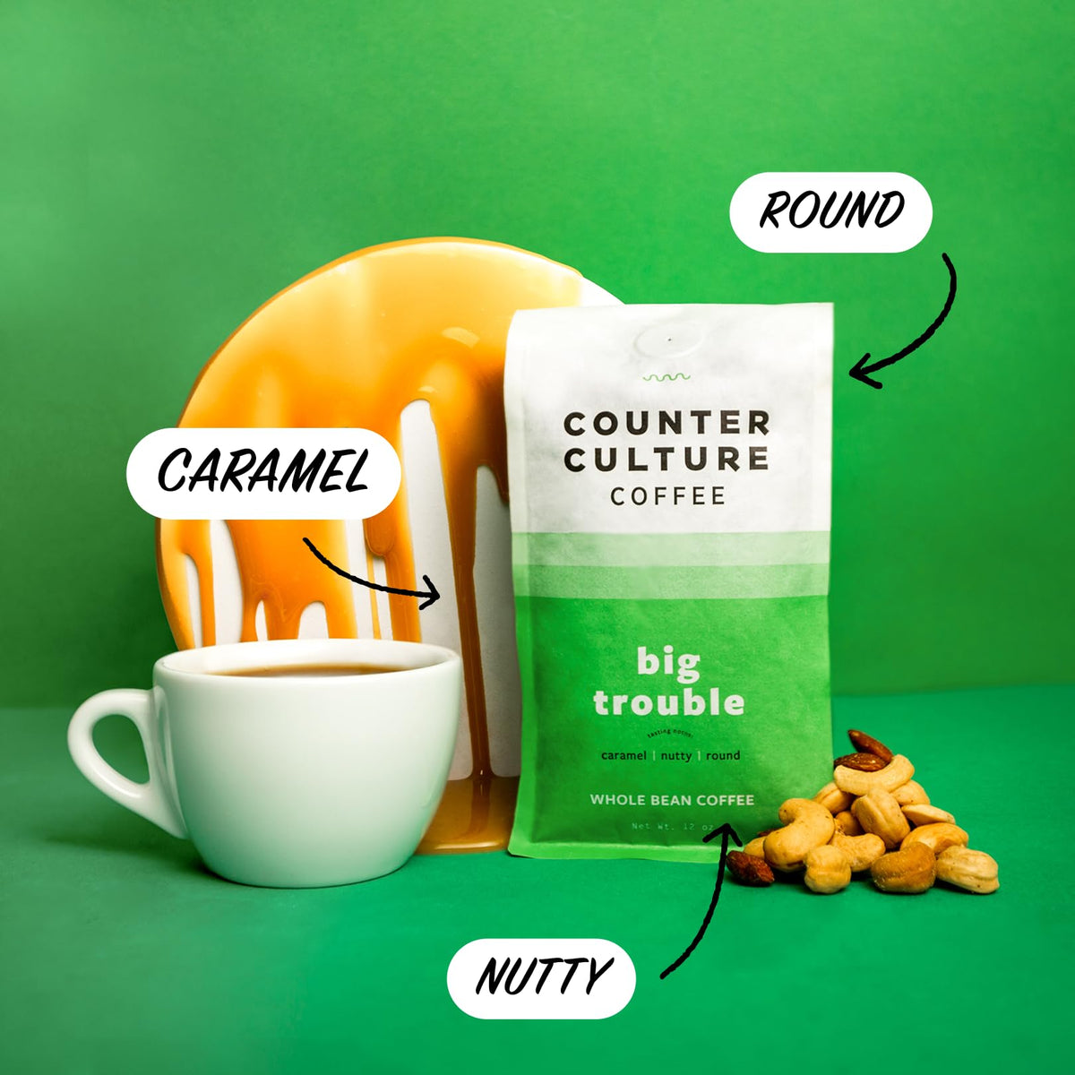 Counter Culture Coffee Big Trouble bag front, bold caramel-nut profile for mornings