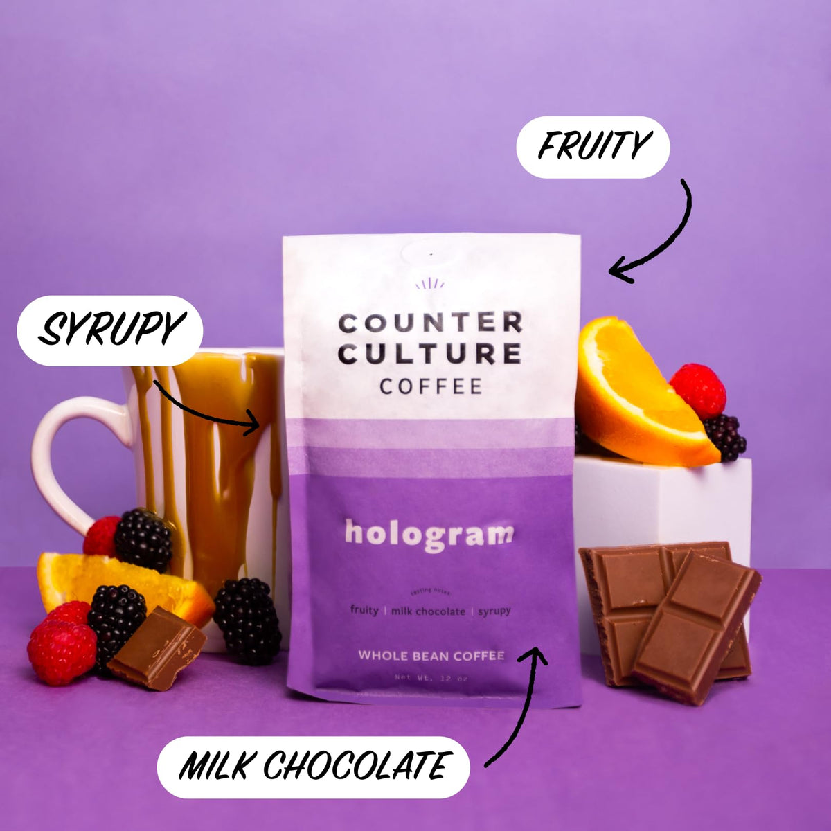 Counter Culture Coffee hologram label detail highlights sustainability notes and flavor guidance.