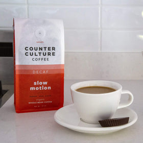 Counter Culture Slow Motion Decaf packaging-label confirms organic and kosher credentials.