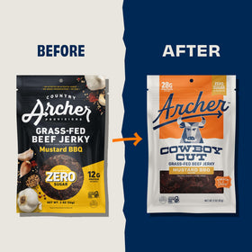Country Archer beef jerky mustard BBQ ingredients closeup with natural seasoning