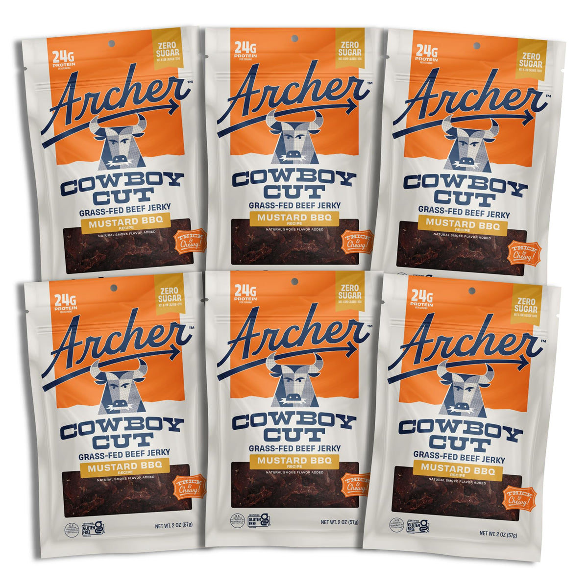 Country Archer beef jerky mustard BBQ pack shot showing zero sugar protein snack