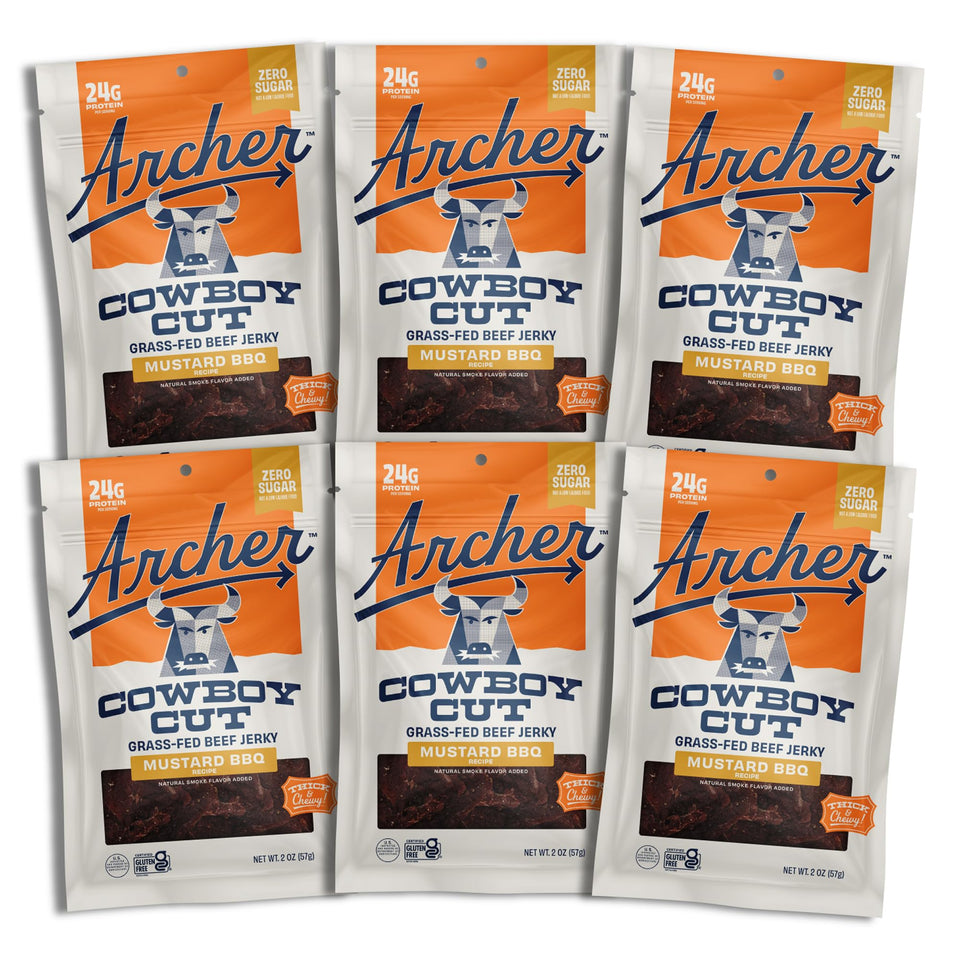 Country Archer beef jerky mustard BBQ pack shot showing zero sugar protein snack