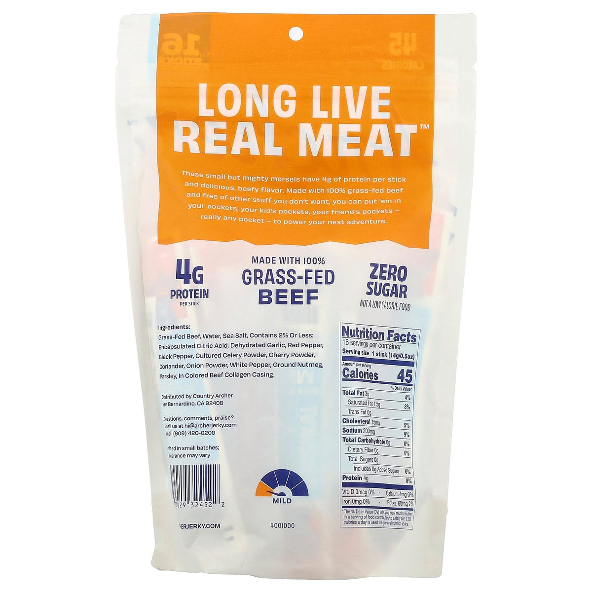 Country Archer Beef Sticks Original unwrap closeup, clean label with no nitrates or nitrites.