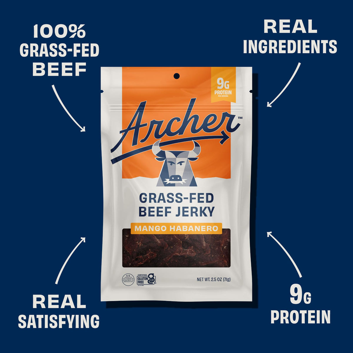 Country Archer Mango Habanero Beef Jerky serving, convenient bite for workouts or road trips.