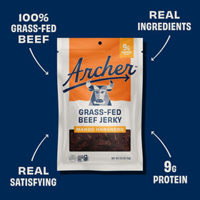 Country Archer Mango Habanero Beef Jerky serving, convenient bite for workouts or road trips.