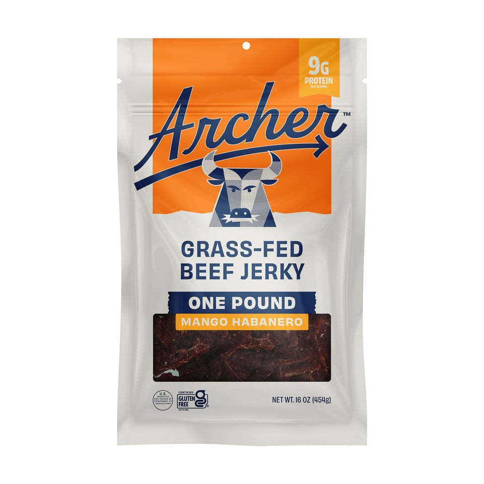 Country Archer Mango Habanero jerky hero image highlights protein for on-the-go meals.