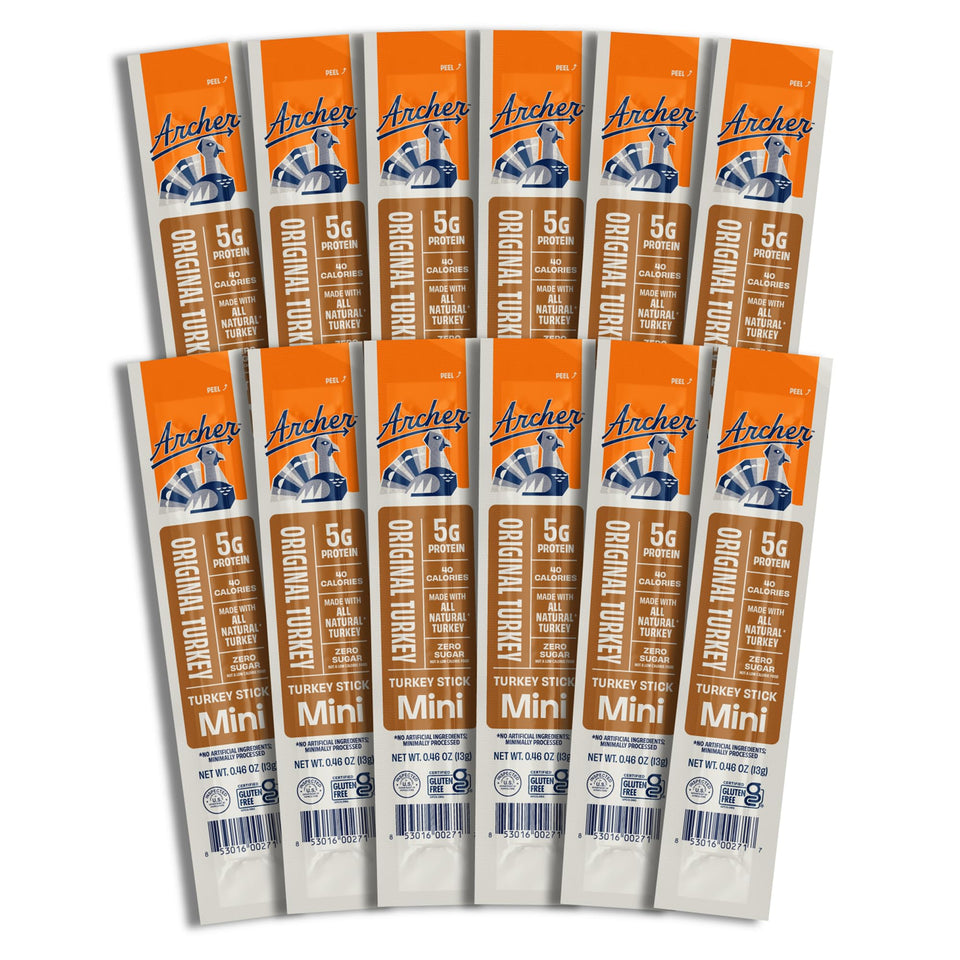 Country Archer Mini Turkey Sticks original pack showing portable, natural protein snack
