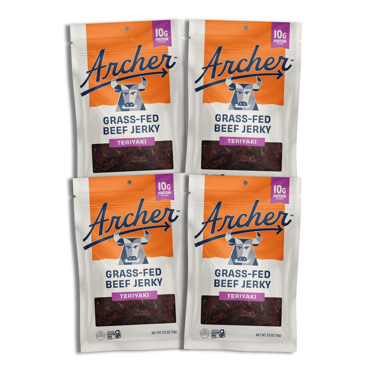 Country Archer Teriyaki jerky 4-pack packaging shows portable gluten free protein on the go