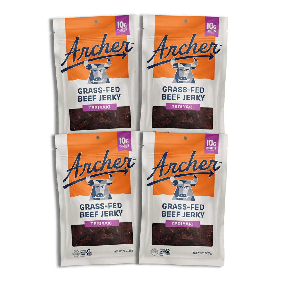 Country Archer Teriyaki jerky 4-pack packaging shows portable gluten free protein on the go