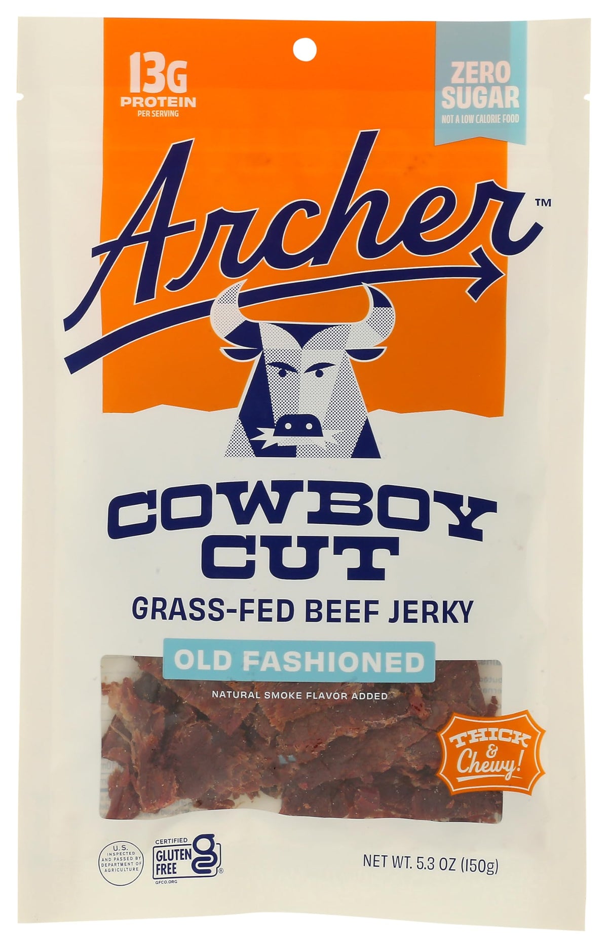 Country Archer Zero Sugar Classic Beef Jerky 2-pack, 5.3 oz bags; gluten-free and keto-friendly.