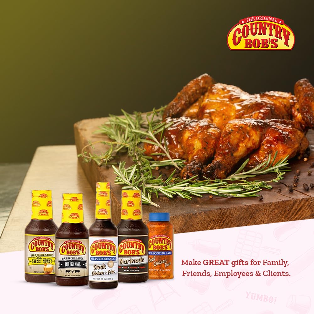Country Bob's Marinade bottle ready to marinate chicken or seafood.