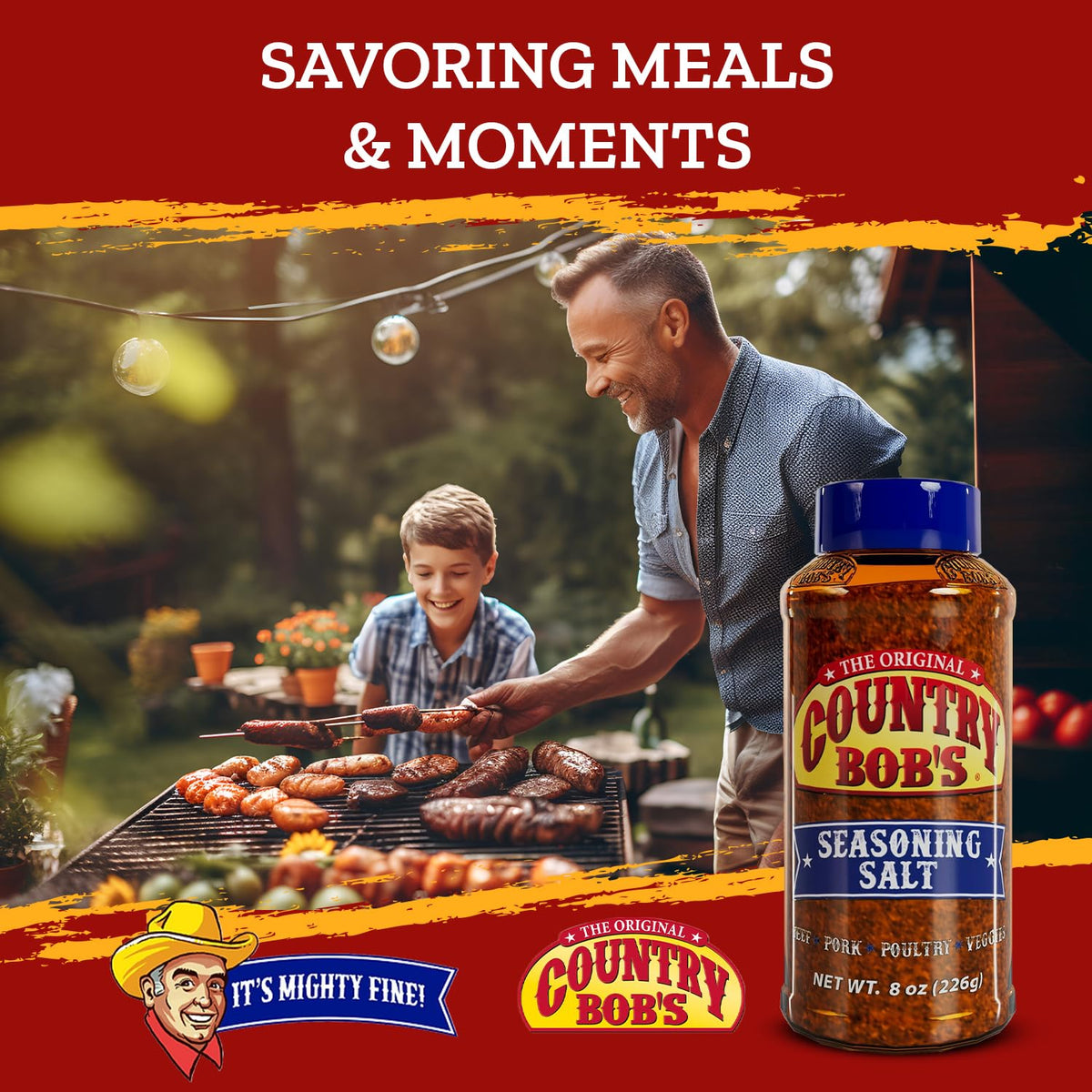 Country Bob's Original Seasoning Salt 8oz container for grilling and roasting.
