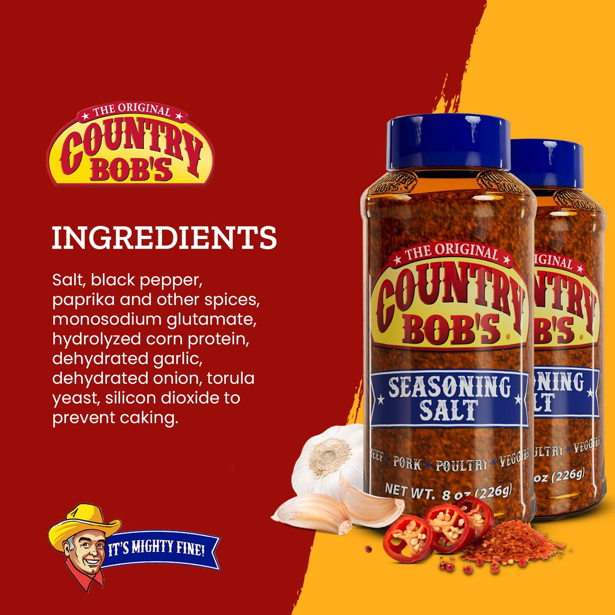 Country Bob's Original Seasoning Salt glass bottle with paprika and garlic notes.