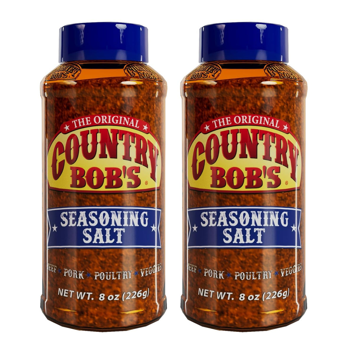 Country Bob's Original Seasoning Salt jar close-up shows coarse texture for soups.