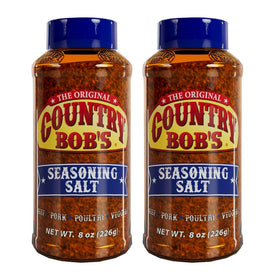 Country Bob's Original Seasoning Salt jar close-up shows coarse texture for soups.