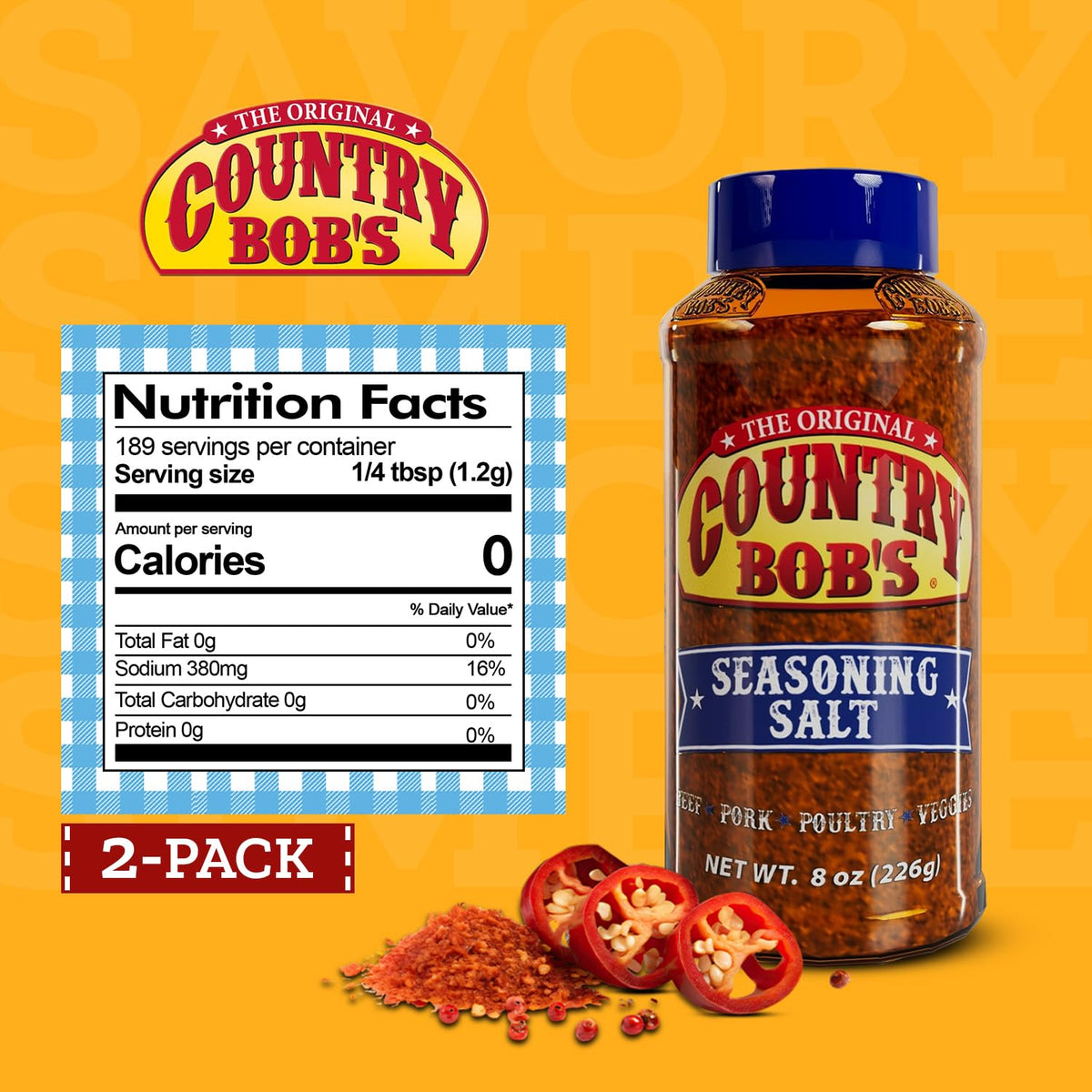 Country Bob's seasoning salt shaker ready for grinding and flavor enhancement in recipes.
