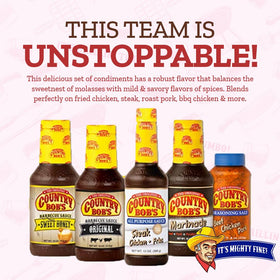 Country Bob's Seasoning Salt shaker on the table for potatoes and vegetables.