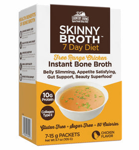 Country Farms Skinny Broth packaging shows convenient, protein-packed instant bone broth