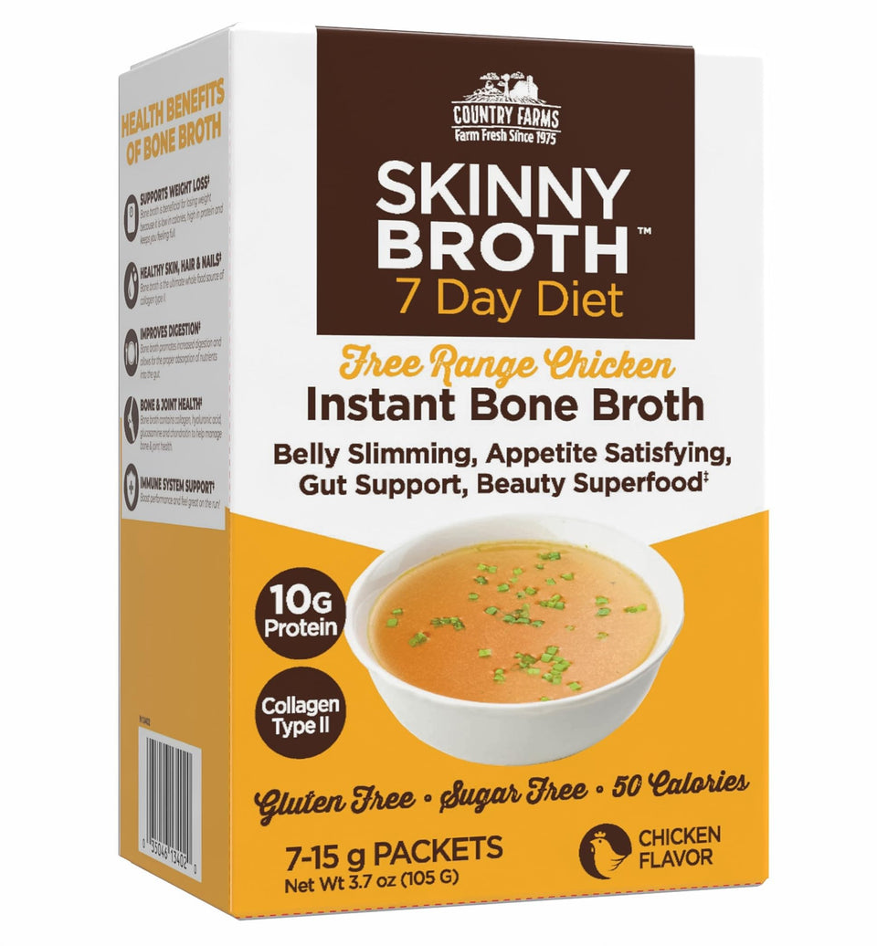 Country Farms Skinny Broth packaging shows convenient, protein-packed instant bone broth