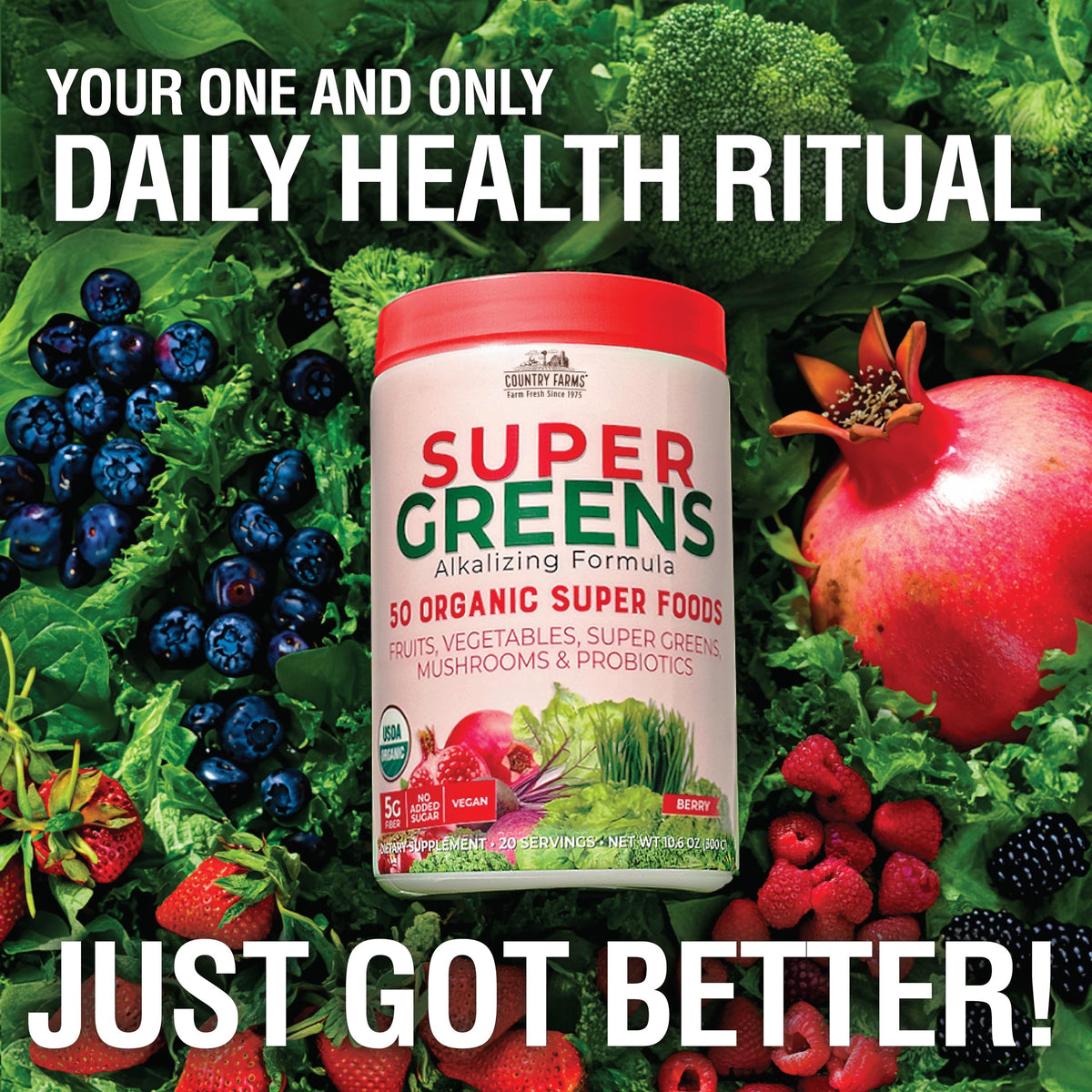 Country Farms Super Greens Berry bottle side view signals convenient, on-the-go nutrition.