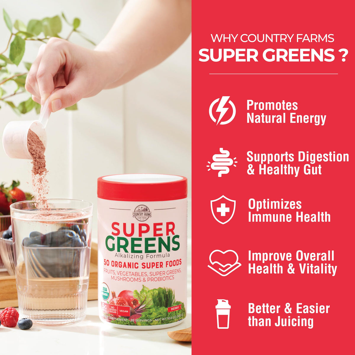 Country Farms Super Greens Berry ingredients label highlights 50 organic foods.