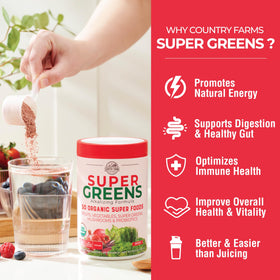 Country Farms Super Greens Berry ingredients label highlights 50 organic foods.
