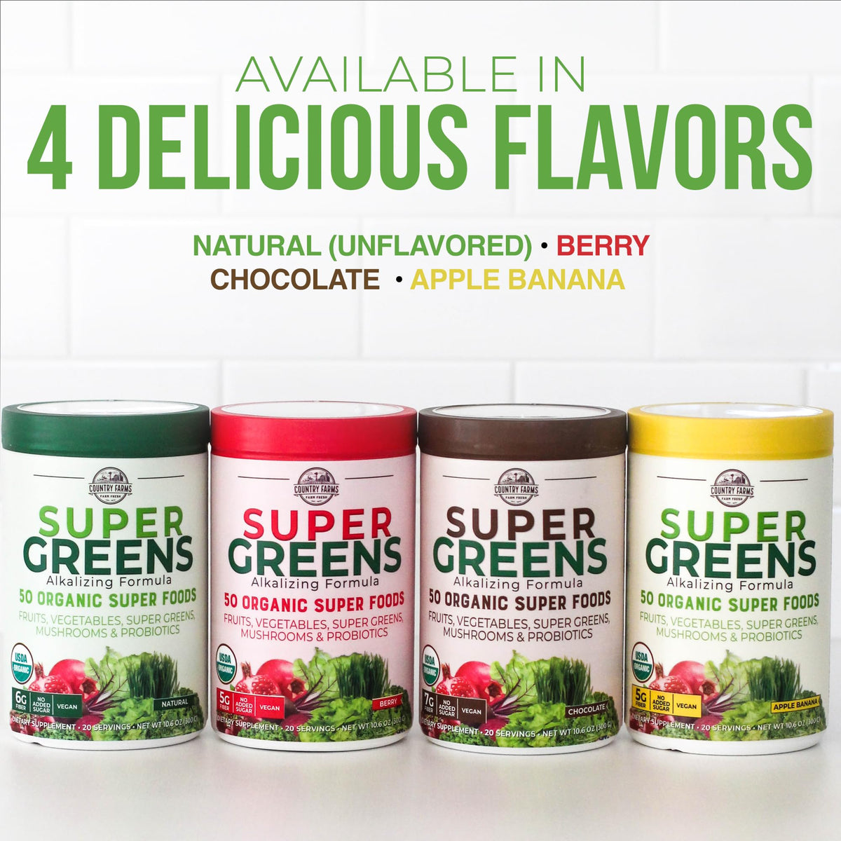 Country Farms Super Greens Berry multicolor packaging evokes fresh garden ingredients.