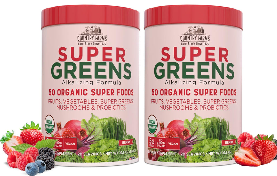 Country Farms Super Greens Berry powder in a jar supports daily nutrition.